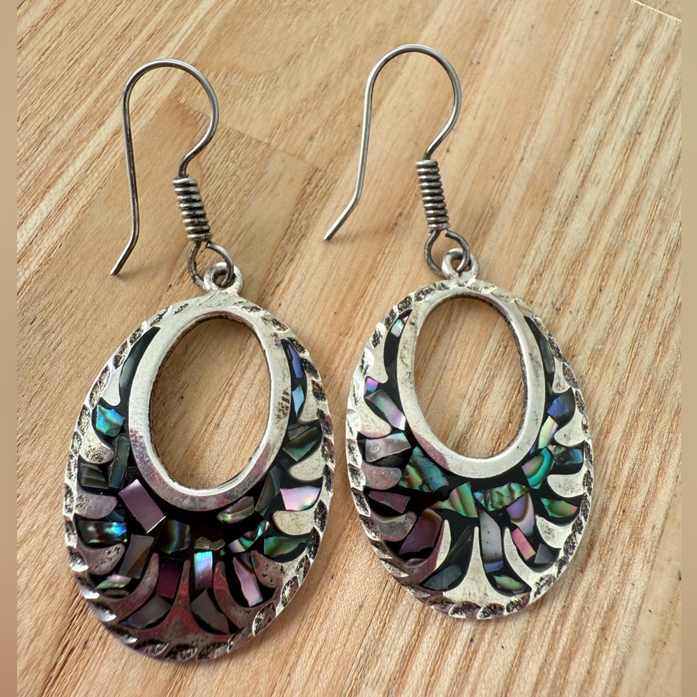 Taxco 925 Sterling silver abalone inlay oval hoop dangle earrings on hooks